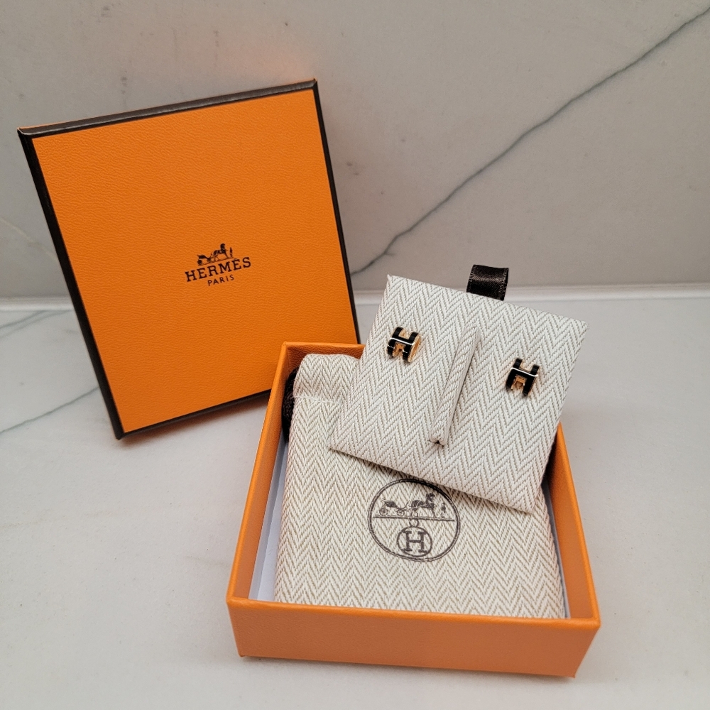 HERMES MINI H POP EARRINGS (NOIR W/ROSE GOLD)
